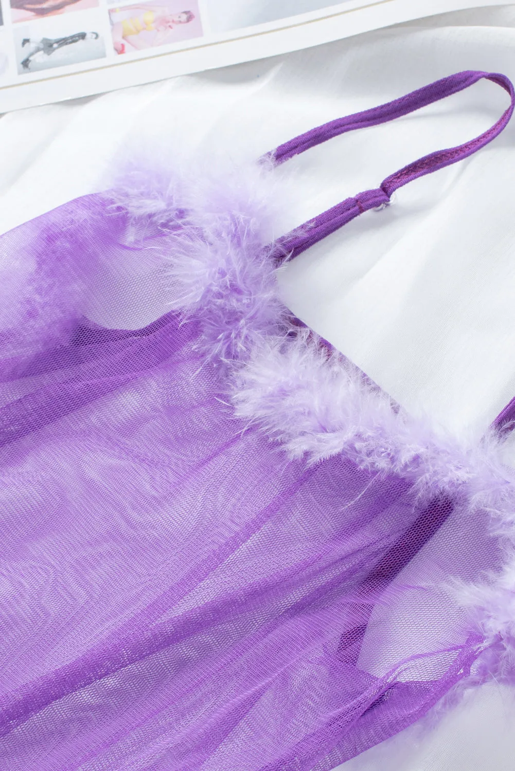 Raw Hem See-through Mesh Spaghetti Strap Teddy Lingerie