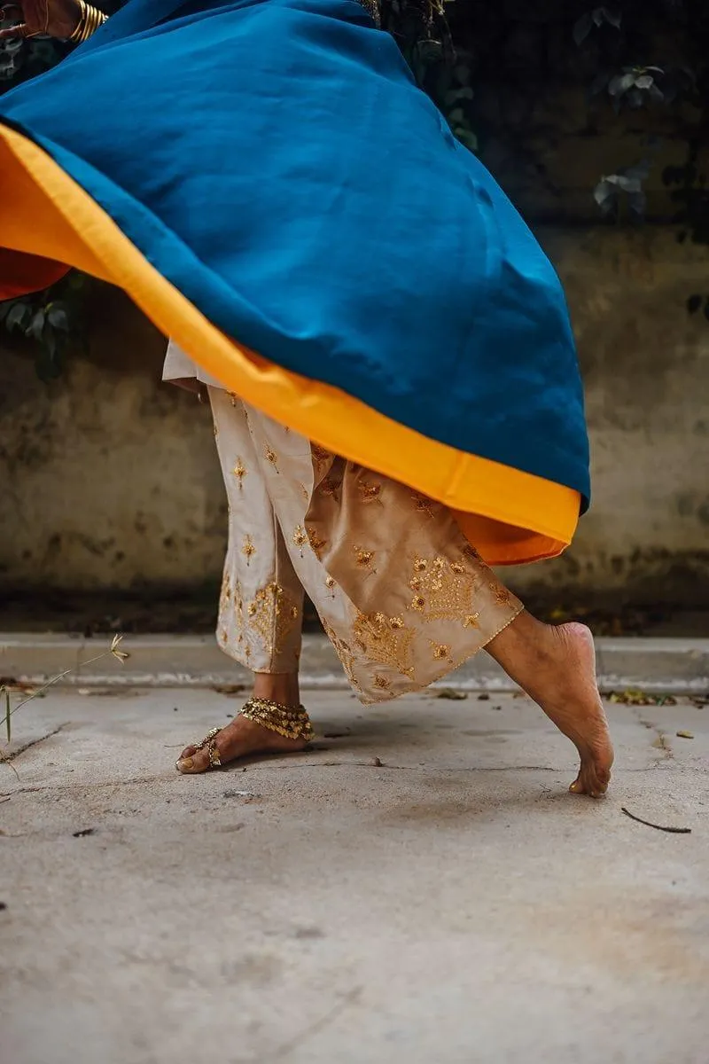Sanam Chaudhri - Raw Silk Blue Coat with Inner Shirt and Izaar