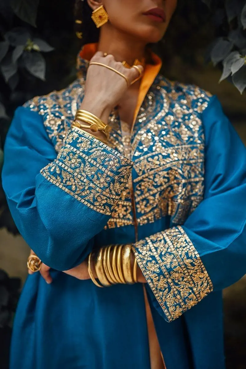Sanam Chaudhri - Raw Silk Blue Coat with Inner Shirt and Izaar