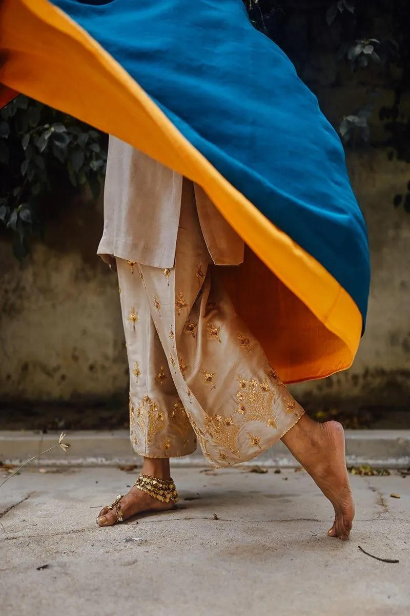 Sanam Chaudhri - Raw Silk Blue Coat with Inner Shirt and Izaar