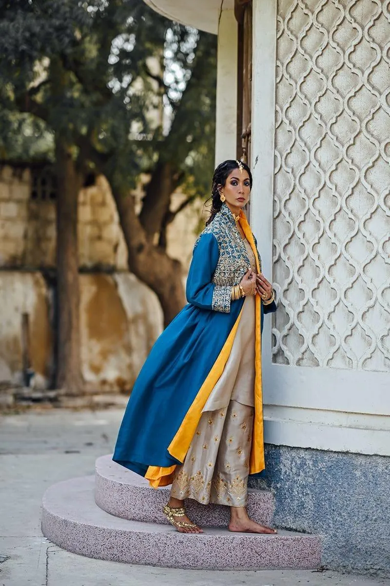 Sanam Chaudhri - Raw Silk Blue Coat with Inner Shirt and Izaar