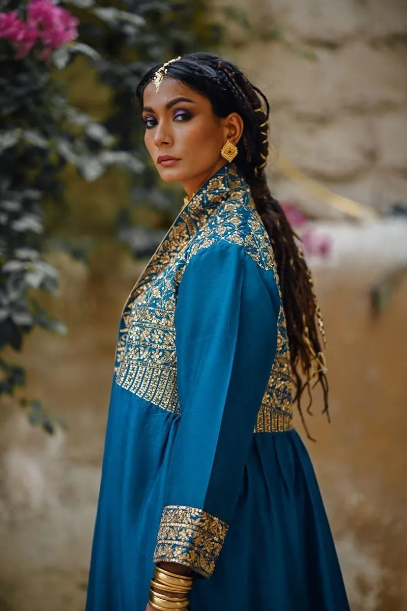 Sanam Chaudhri - Raw Silk Blue Coat with Inner Shirt and Izaar