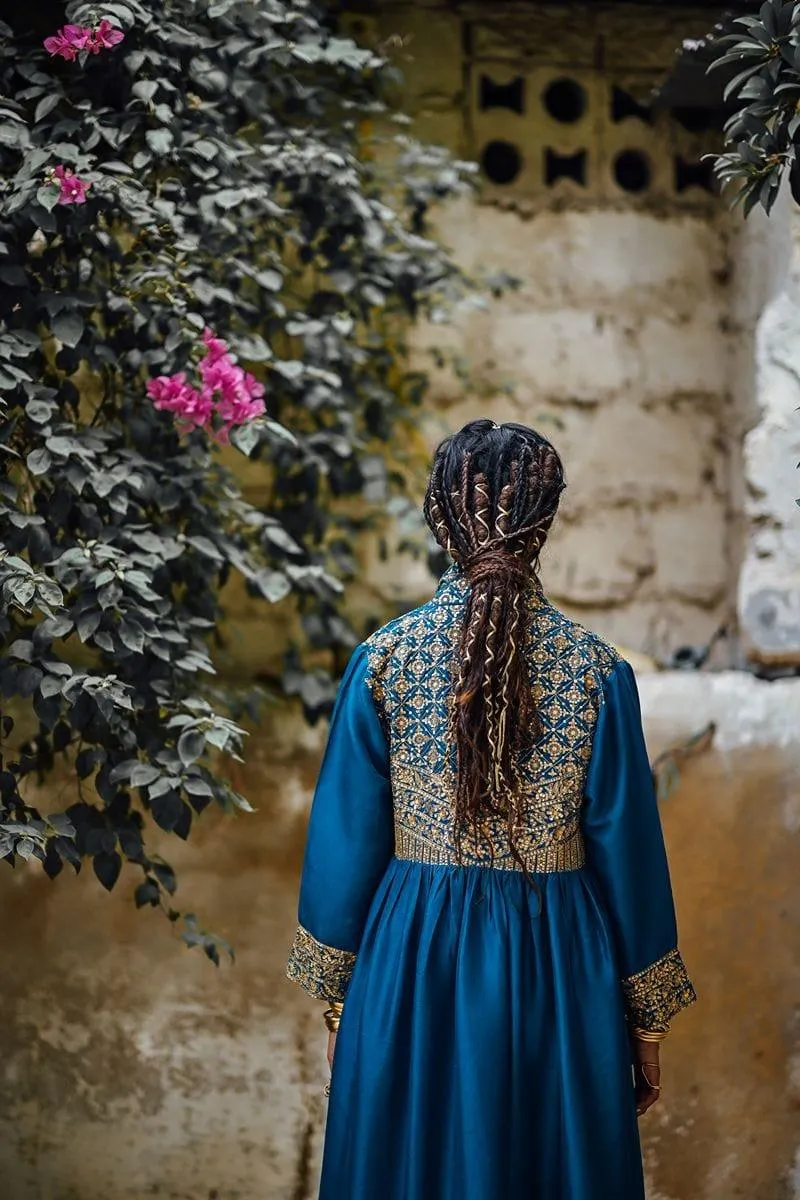 Sanam Chaudhri - Raw Silk Blue Coat with Inner Shirt and Izaar