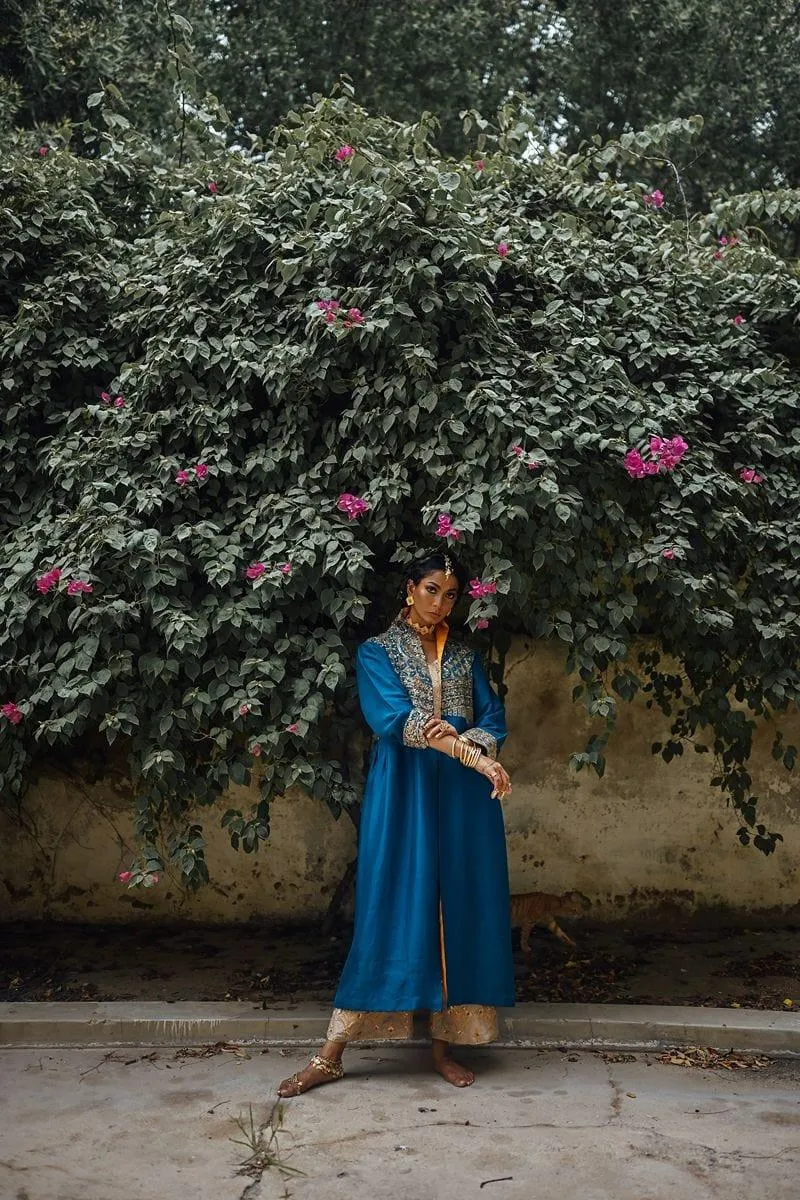 Sanam Chaudhri - Raw Silk Blue Coat with Inner Shirt and Izaar