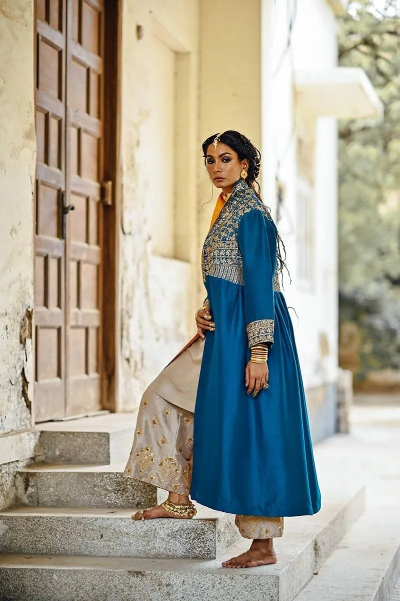 Sanam Chaudhri - Raw Silk Blue Coat with Inner Shirt and Izaar