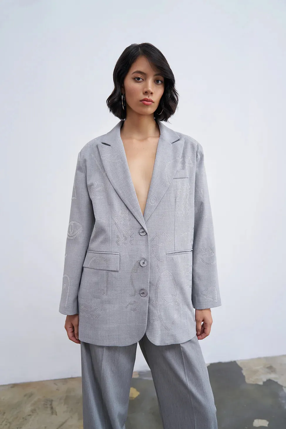 Stone Pattern Double Breasted Oversized Blazer Jacket Light Gray