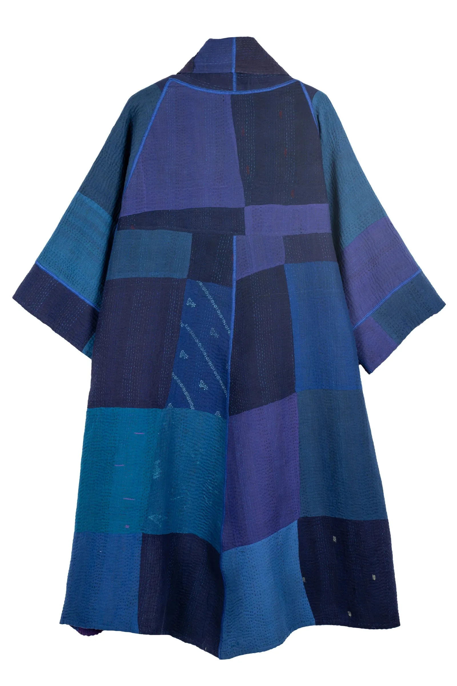 STRIPE AND CHECK COTTON SILK PATCH KANTHA 3/4 SLV. A-LINE DUSTER