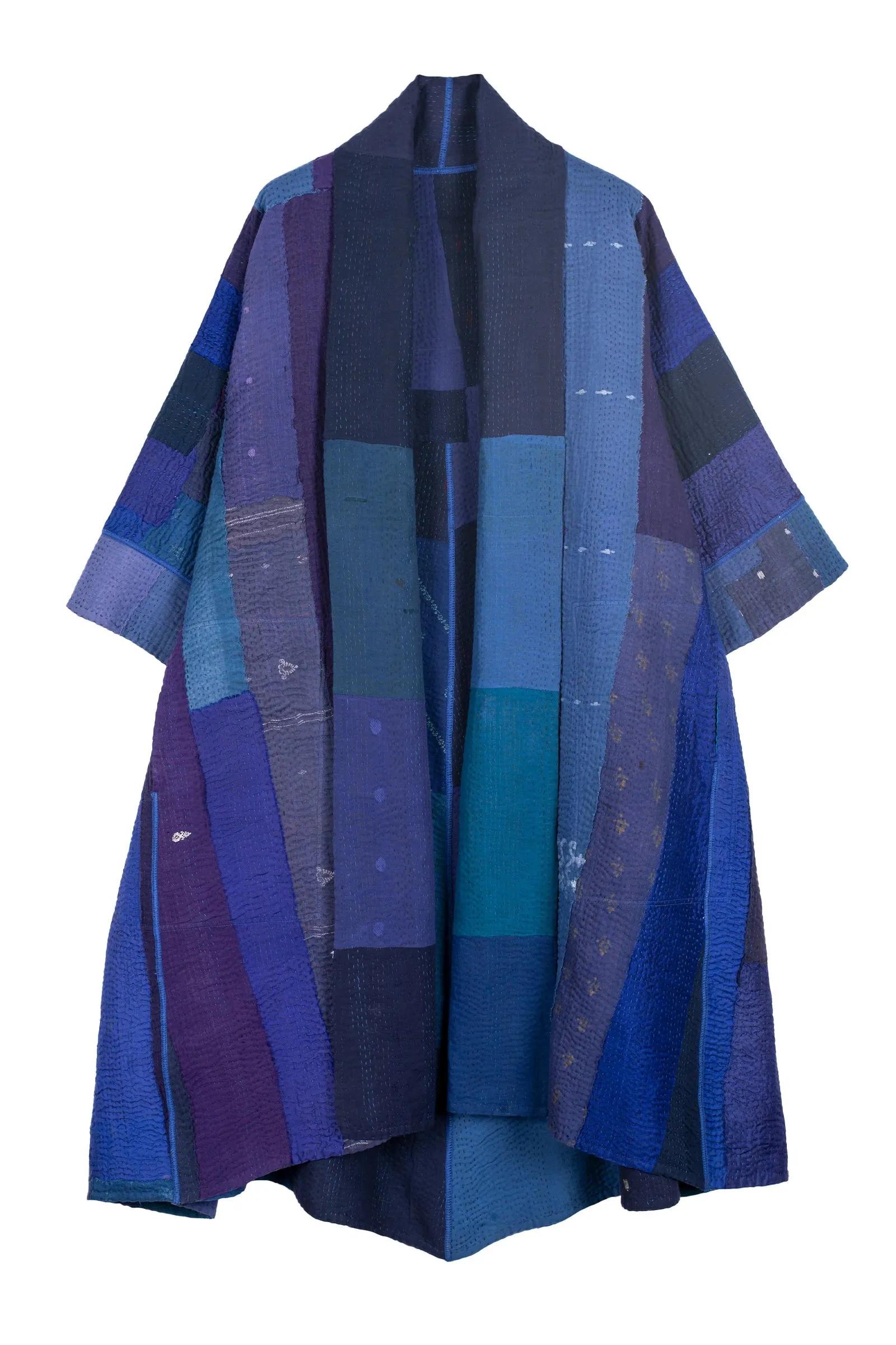 STRIPE AND CHECK COTTON SILK PATCH KANTHA 3/4 SLV. A-LINE DUSTER