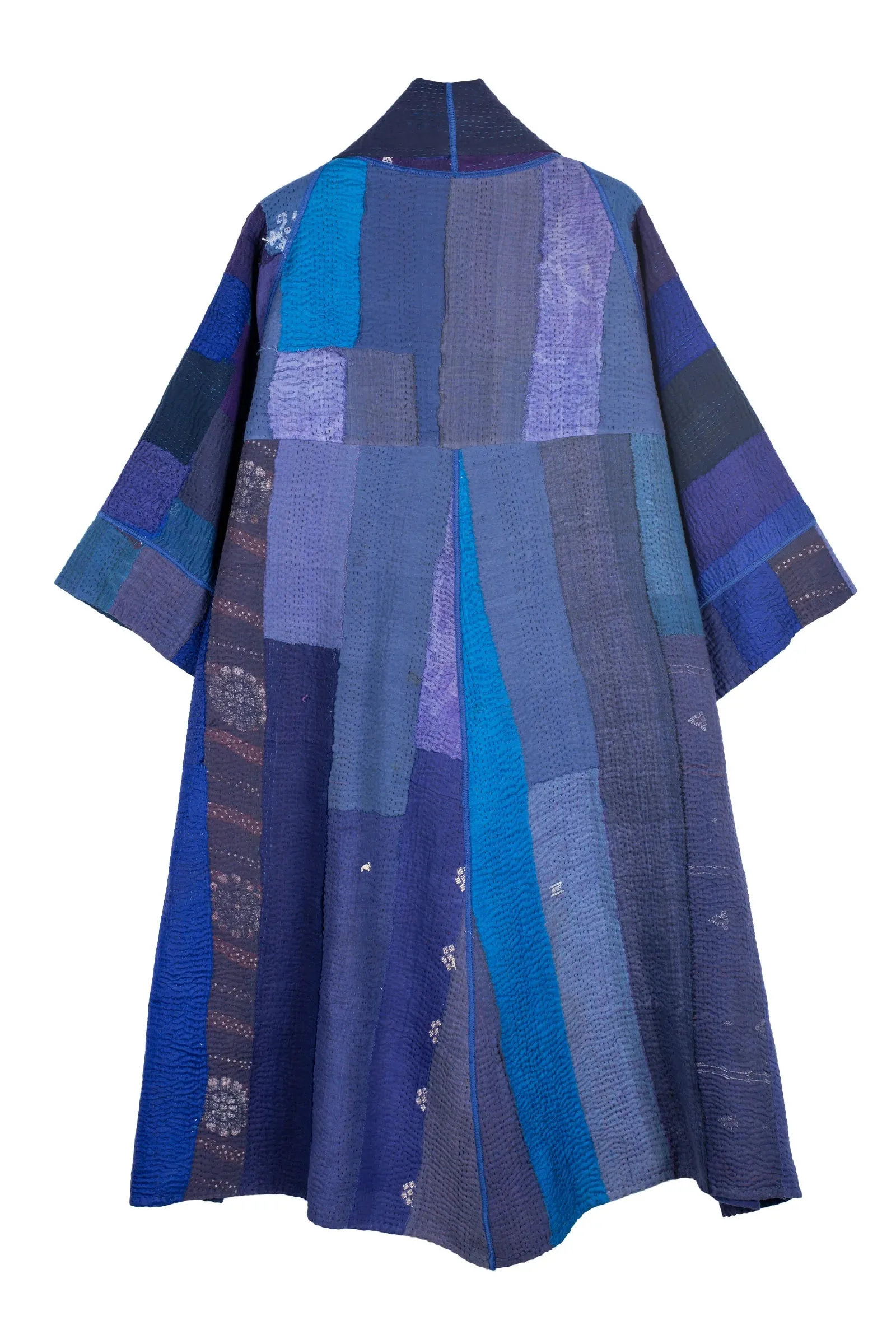STRIPE AND CHECK COTTON SILK PATCH KANTHA 3/4 SLV. A-LINE DUSTER