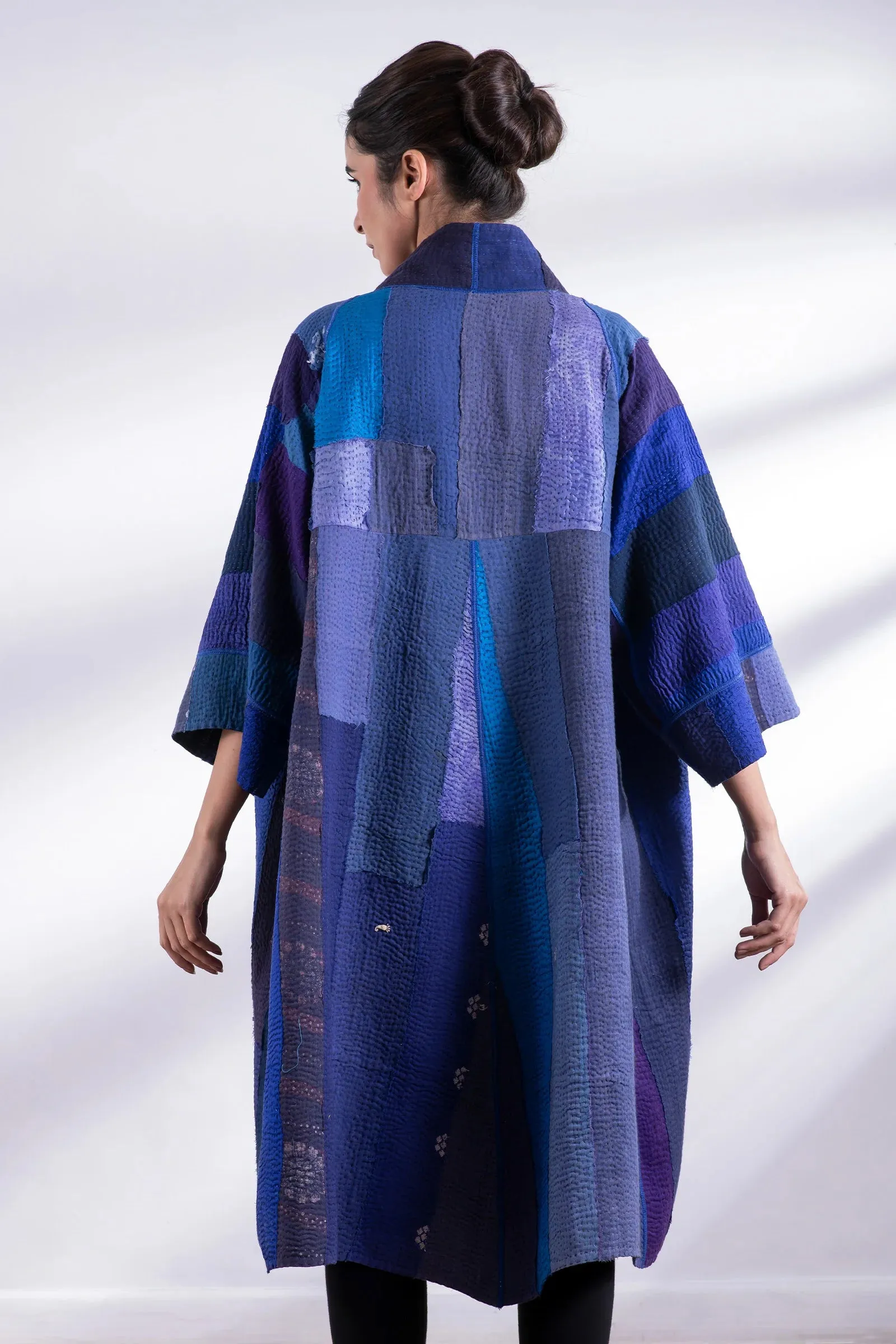 STRIPE AND CHECK COTTON SILK PATCH KANTHA 3/4 SLV. A-LINE DUSTER