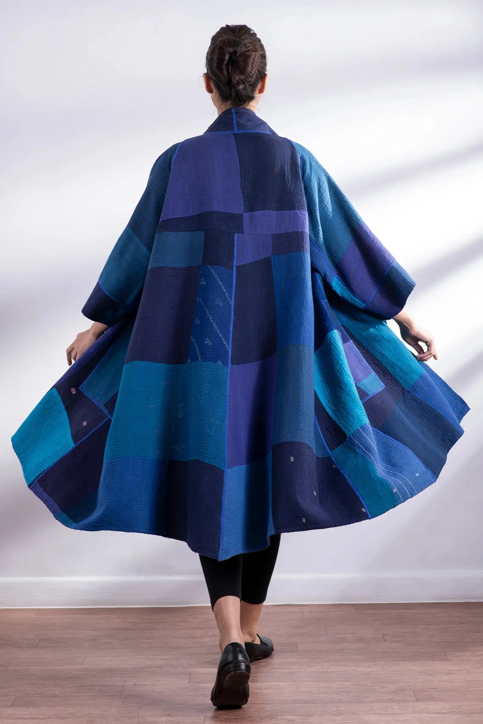 STRIPE AND CHECK COTTON SILK PATCH KANTHA 3/4 SLV. A-LINE DUSTER