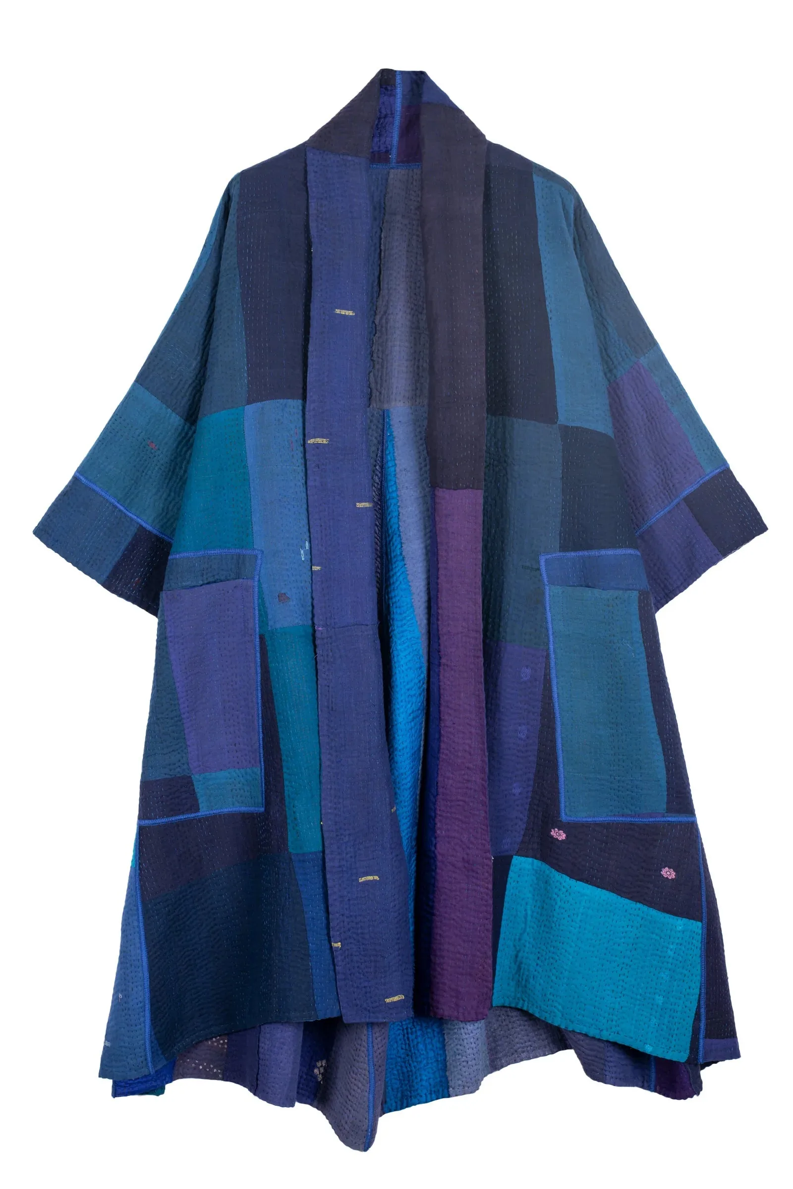 STRIPE AND CHECK COTTON SILK PATCH KANTHA 3/4 SLV. A-LINE DUSTER