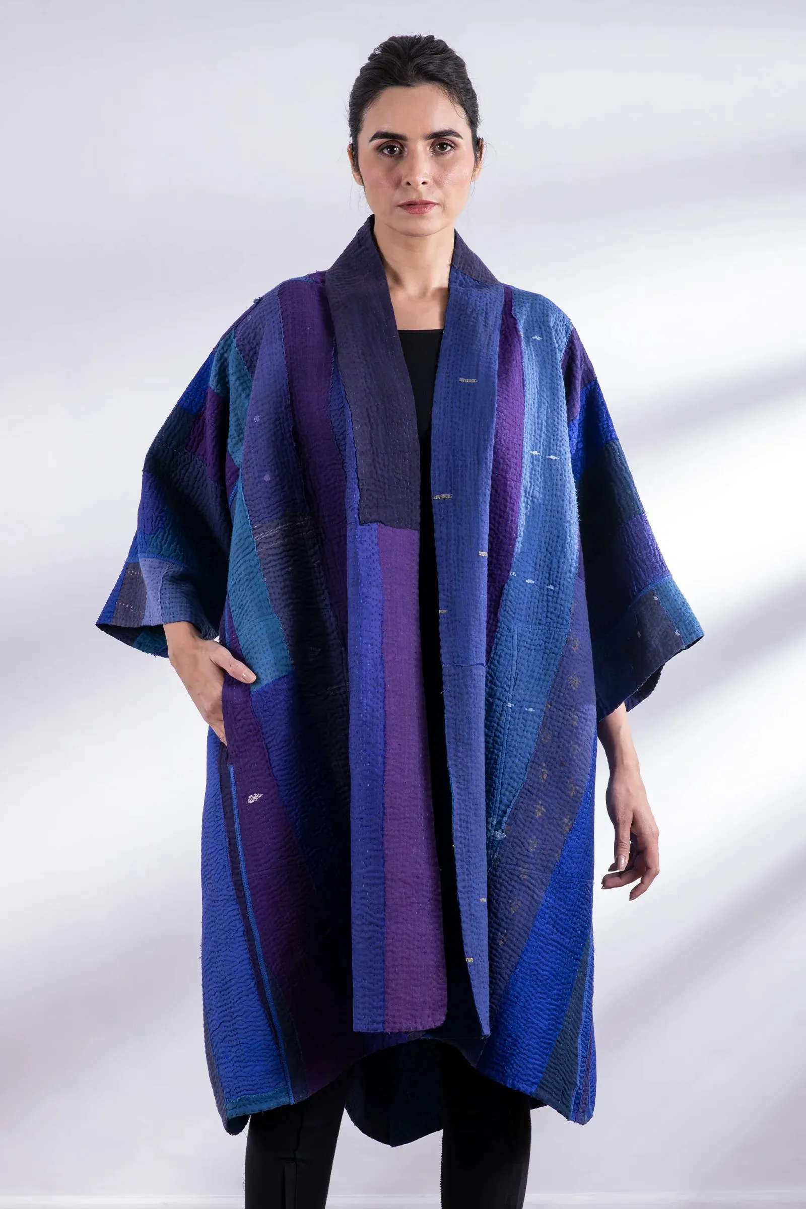 STRIPE AND CHECK COTTON SILK PATCH KANTHA 3/4 SLV. A-LINE DUSTER