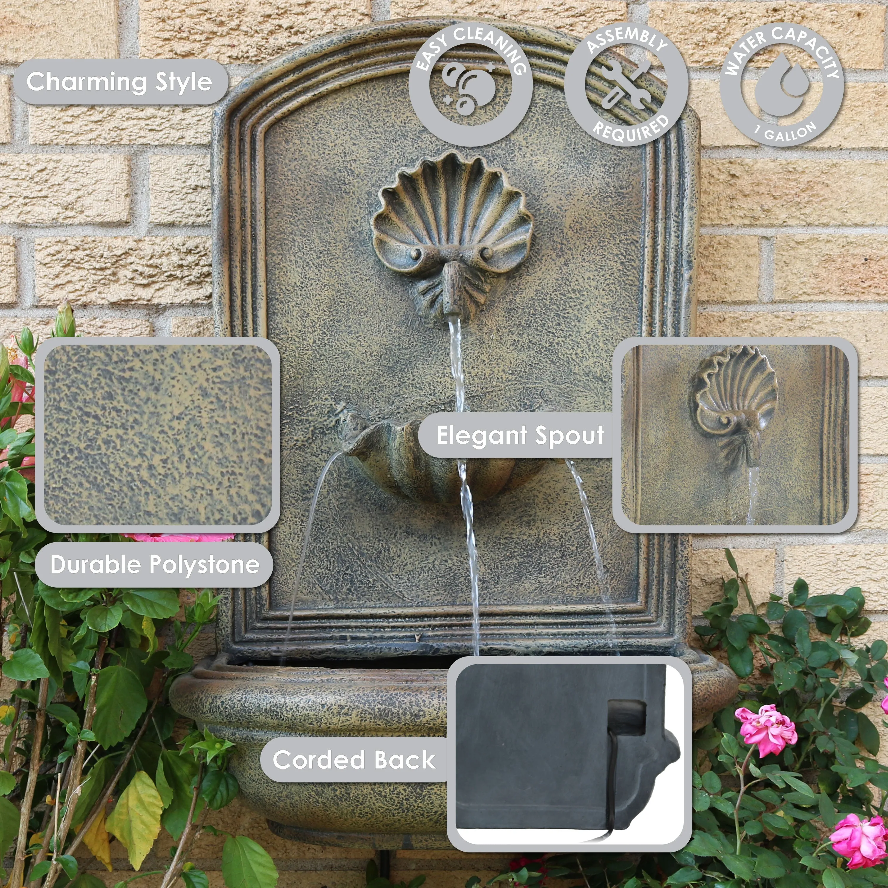 Sunnydaze Seaside Outdoor Solar Wall Fountain with Battery Backup - 27" H