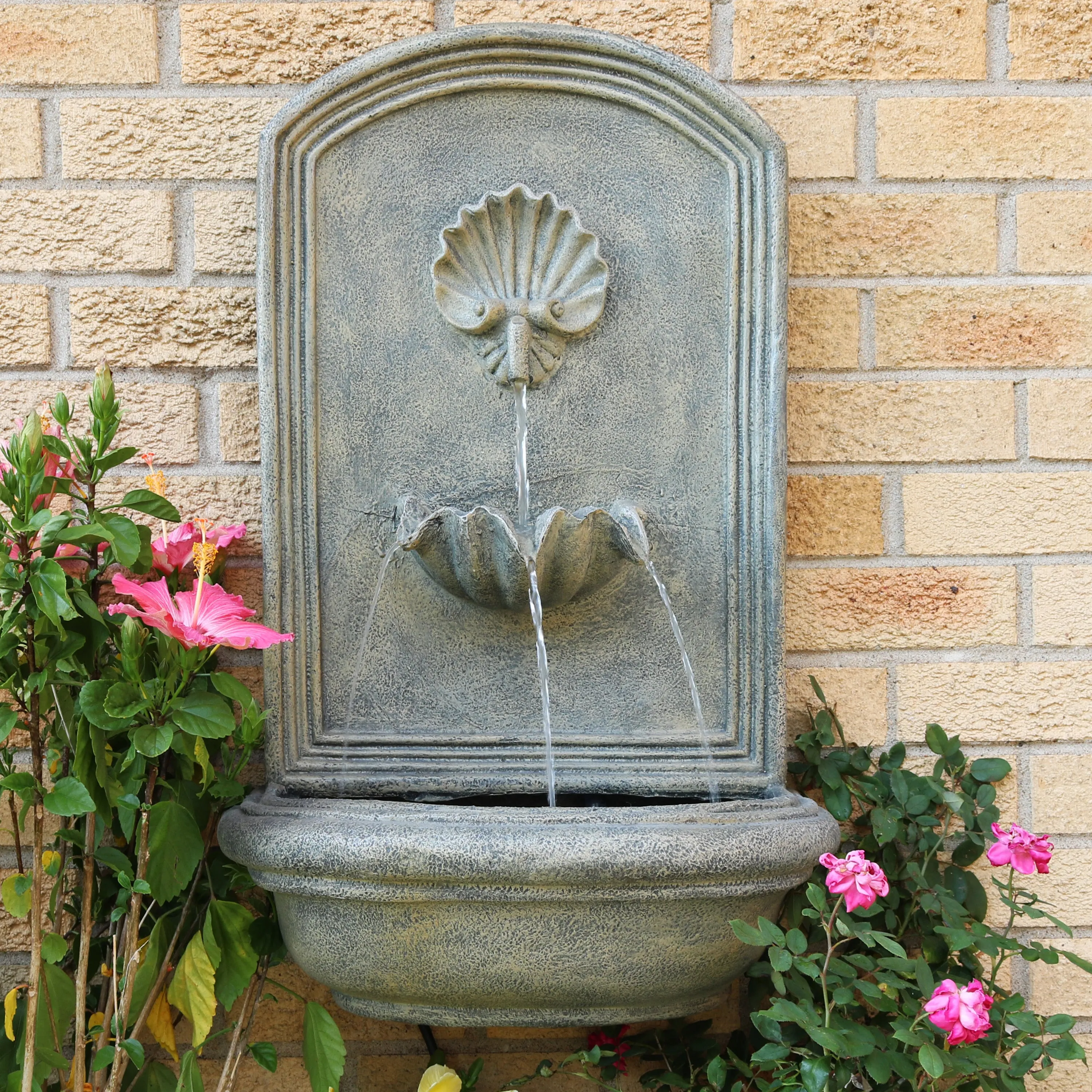 Sunnydaze Seaside Outdoor Solar Wall Fountain with Battery Backup - 27" H