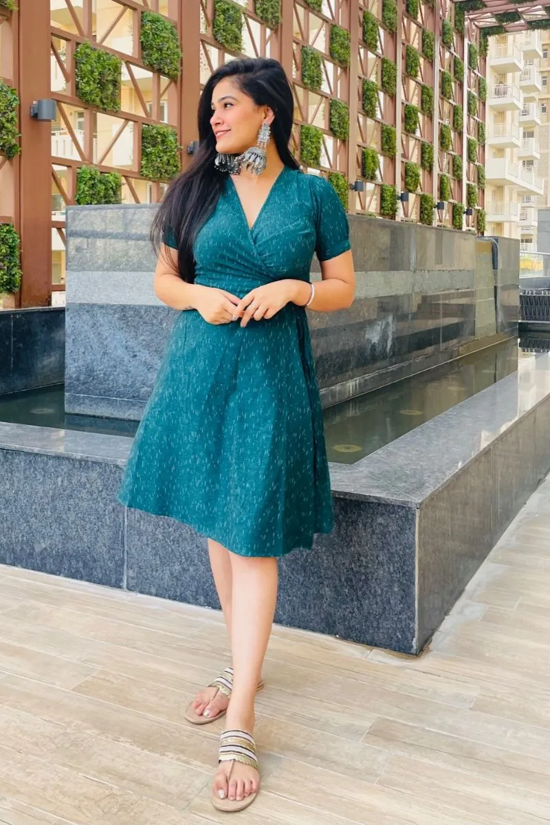 Teal Ikat Wrap Dress