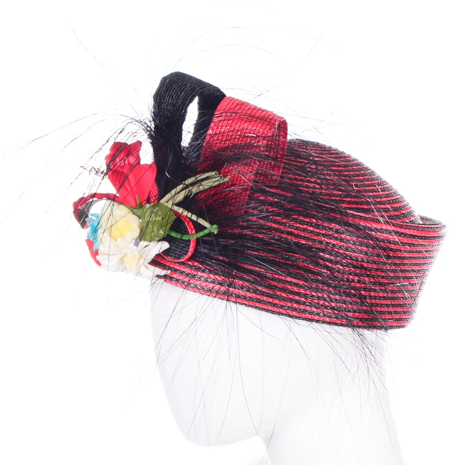 Vintage Sylvia Red and Black Feather Flower Statement Hat